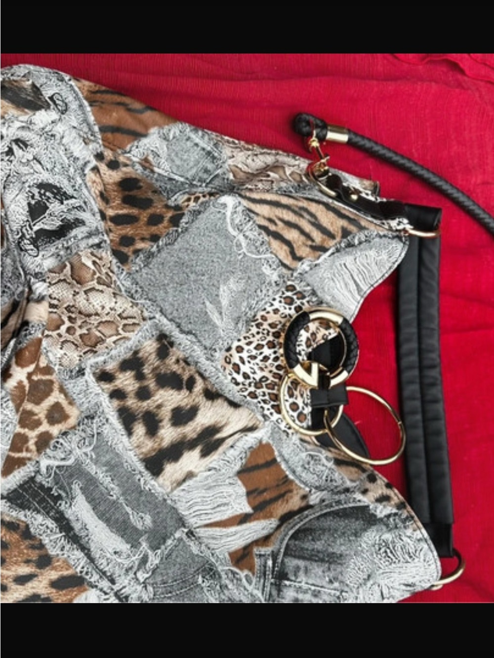 Animal Patchwork Tote Bag with Gold Ring Detail - Black/Brown